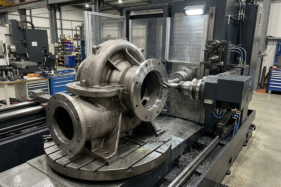 CNC machining of a centrifugal pump casing with critical flanges and sealing areas