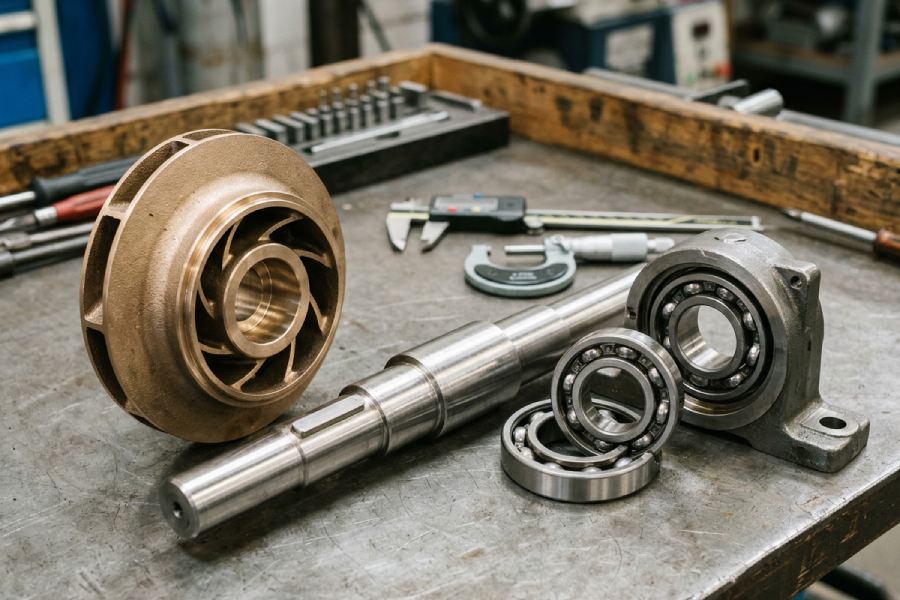 Centrifugal pump impeller, shaft and bearings prepared for dimensional inspection