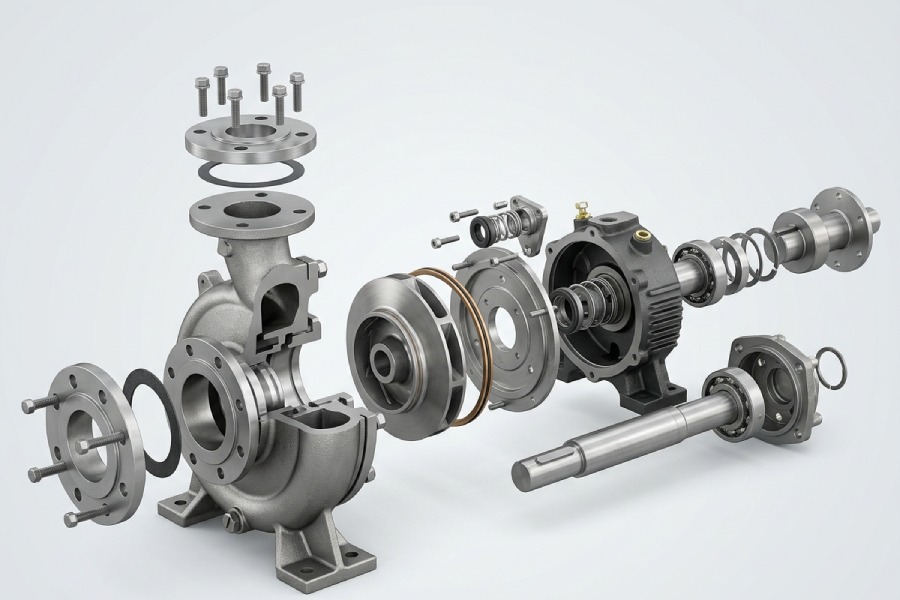 Exploded view of centrifugal pump parts including impeller, casing, shaft, seals and bearings
