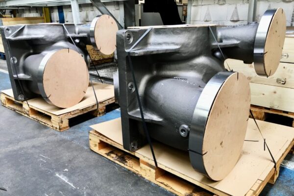 Machined centrifugal pump housings ready for shipment.