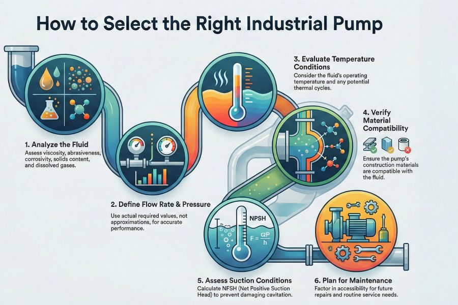 Infographic on how to select the right industrial pump based on fluid, flow rate, pressure, temperature, material compatibility, NPSH and maintenance.