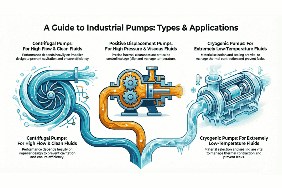 Infografía de tipos de bombas industriales: centrífugas, de desplazamiento positivo y criogénicas con sus aplicaciones, caudal, presión y condiciones de temperatura.