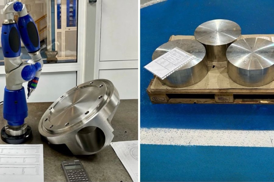Dimensional inspection of machined components with measuring arm and verified industrial parts, example of critical tolerance control in industrial valve bodies.