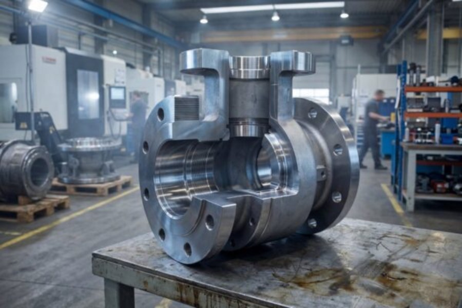 Mechanized industrial valve body with visible internal surfaces, example of critical tolerances in industrial valve bodies in seating areas, flanges and functional diameters.