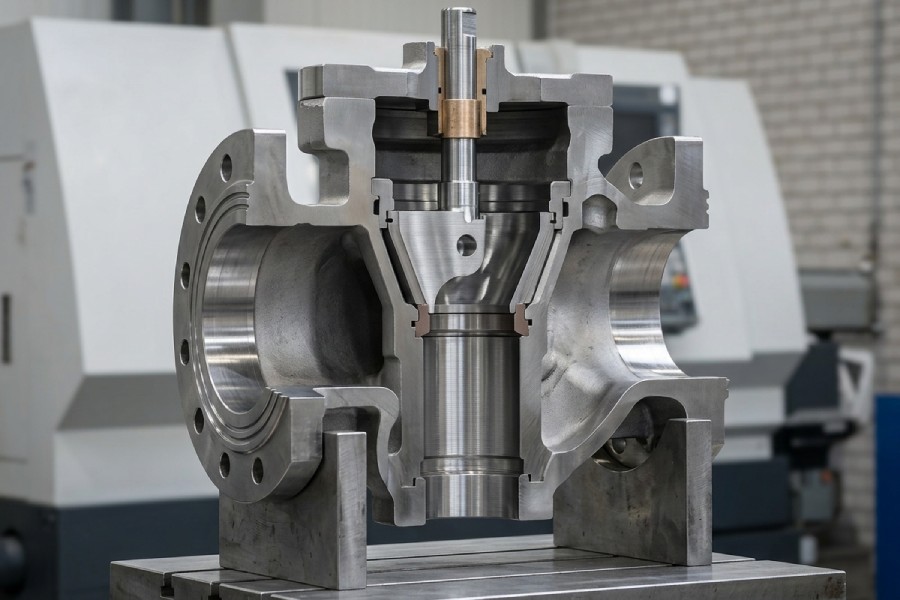 Valve machining in duplex and superduplex with sectional view of industrial valve body and critical functional zones