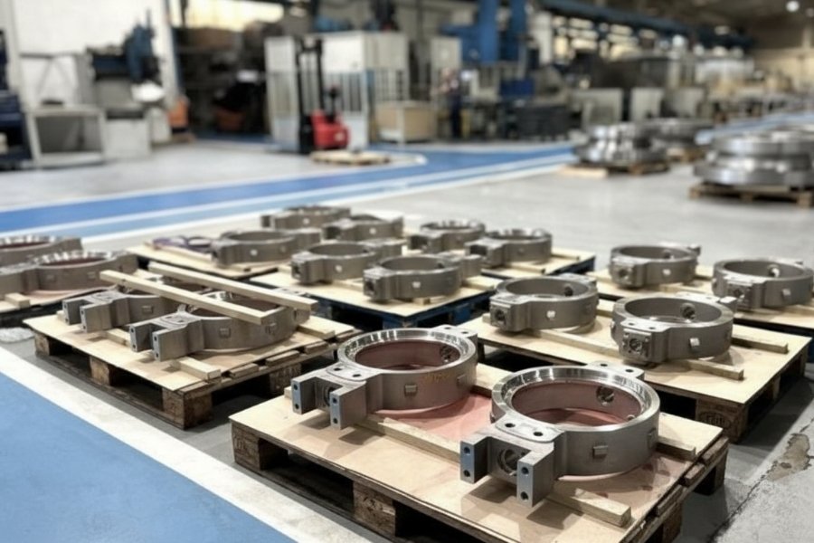 Mecanizado de cuerpos de válvulas industriales tipo mariposa en serie sobre pallets en instalación de mecanizado CNC