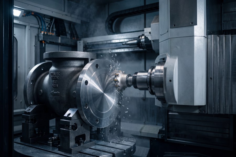 Operación de mecanizado CNC en cuerpo de válvula industrial, donde un control insuficiente puede afectar las tolerancias críticas en cuerpos de válvulas industriales y comprometer la estanqueidad.