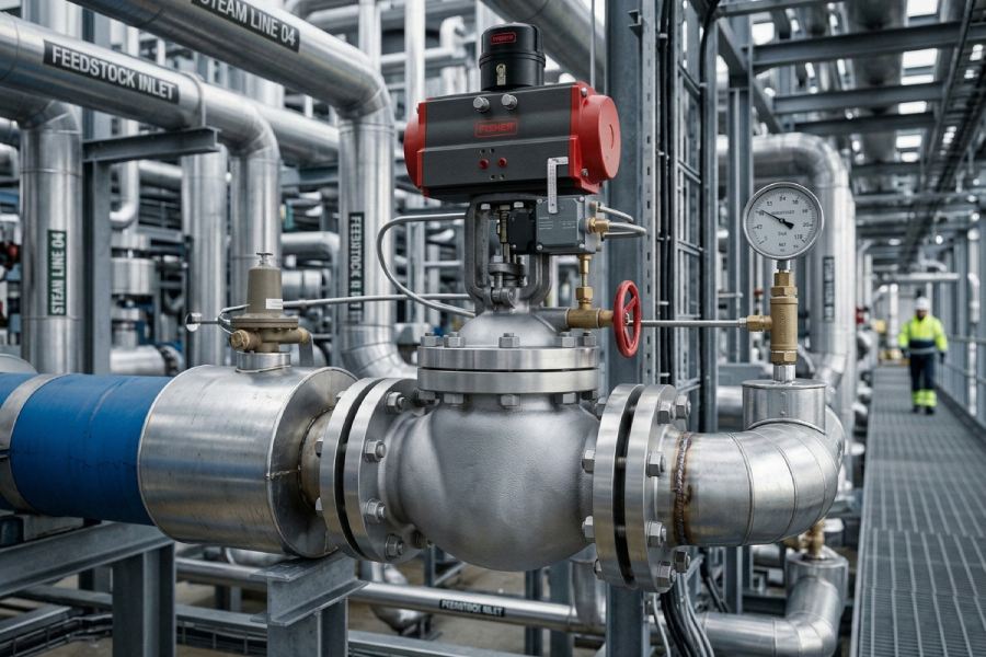 Types of industrial valves: industrial valve installed on a process line for applications in petrochemical and high-demand environments