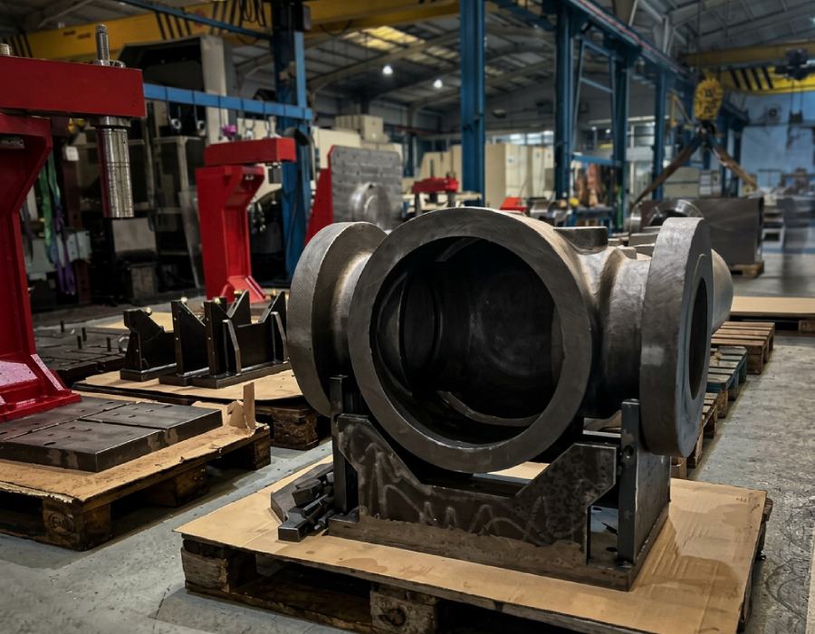 Mecanizado de válvulas de grandes dimensiones en Asimer Group con cuerpo de válvula industrial de gran formato preparado para su mecanizado