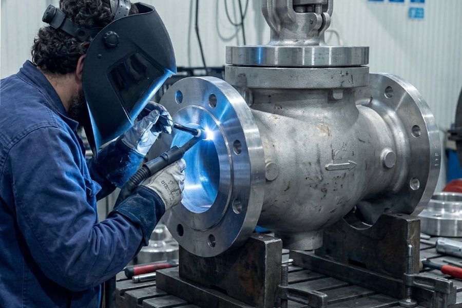 Soldadura TIG en componente de válvula industrial de alta precisión