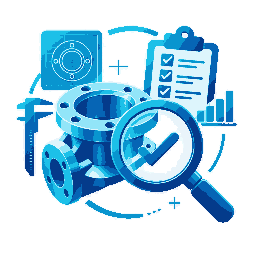 Icono de evaluación técnica de componente industrial con lupa y checklist