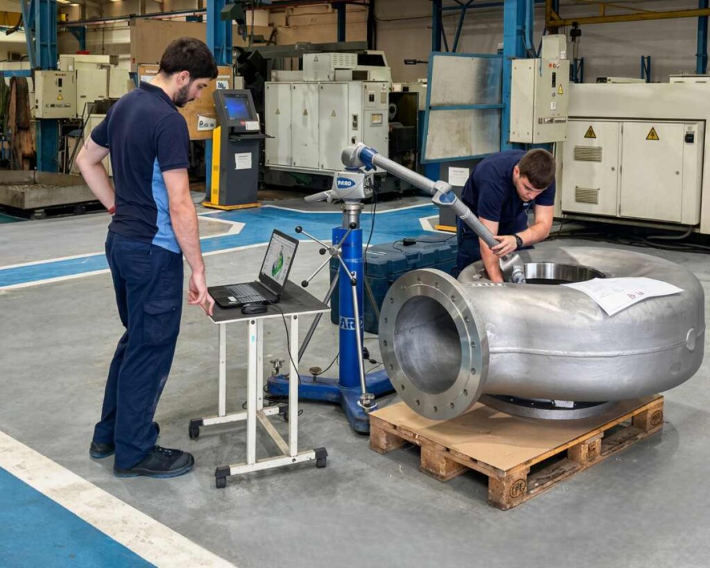 Inspección dimensional de carcasa industrial con brazo FARO en Asimer Group