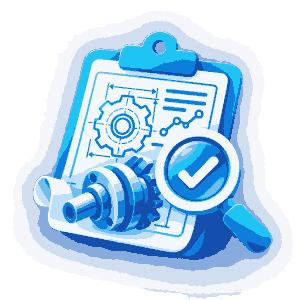 Icono de planificación técnica de componente industrial con plano y lupa de análisis