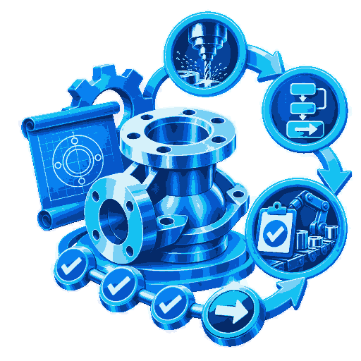 Icono de preparación de siguientes fases con flujo de mecanizado, control y proceso industrial