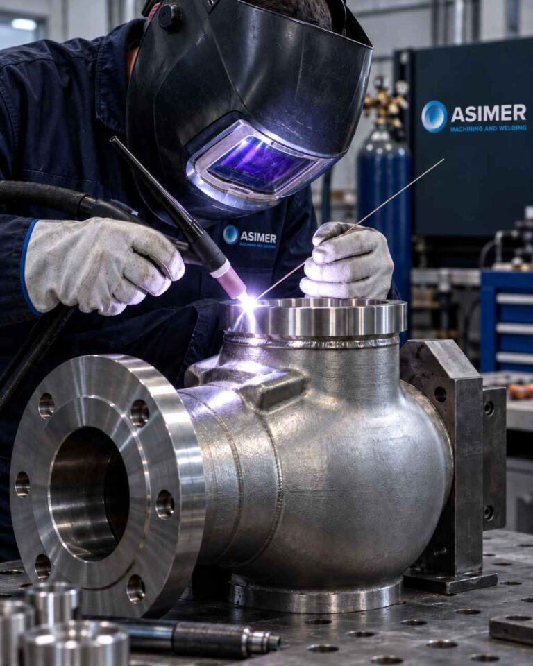 Proceso de soldadura TIG industrial en componente metálico para bombas y válvulas