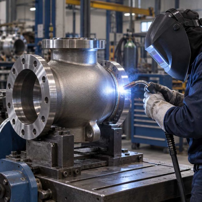 Soldadura MIG industrial sobre componente crítico para bombas y válvulas